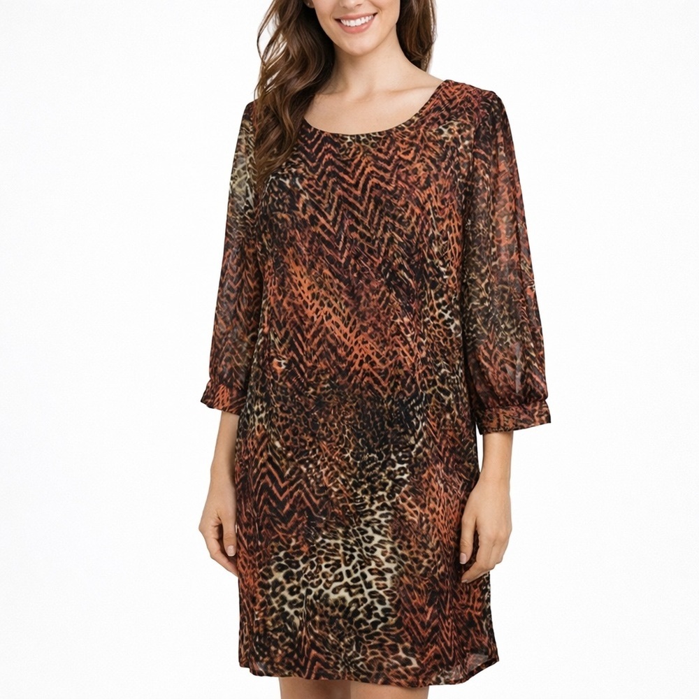 Animal Print Tunic Dress Womens L Brown Orange Shift Boho Semi Sheer